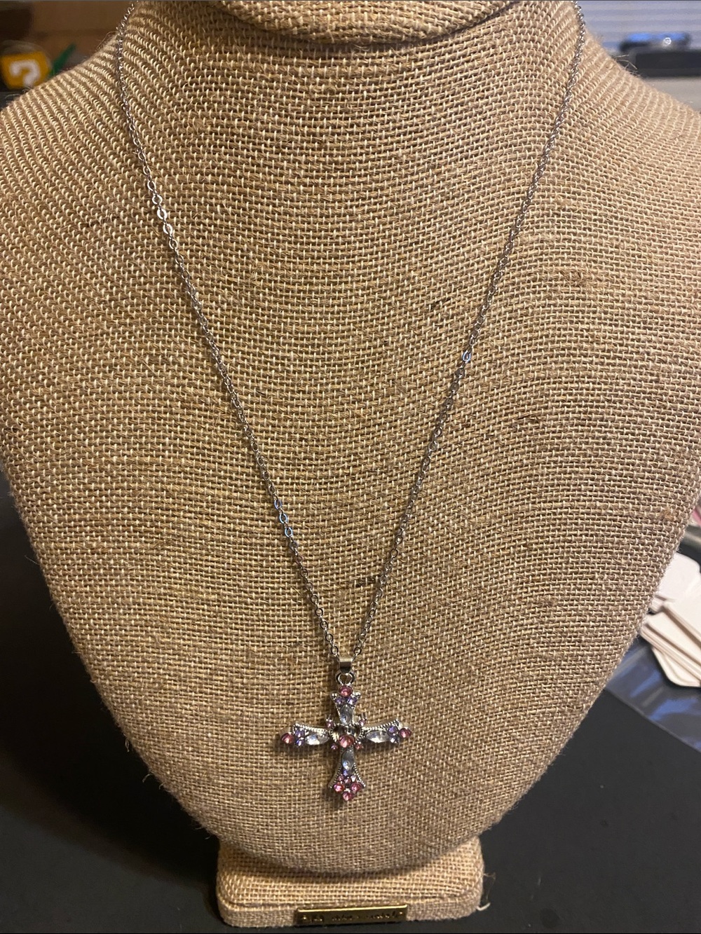 Sterling Cross Pendant Necklace with Pink and Clear Stones